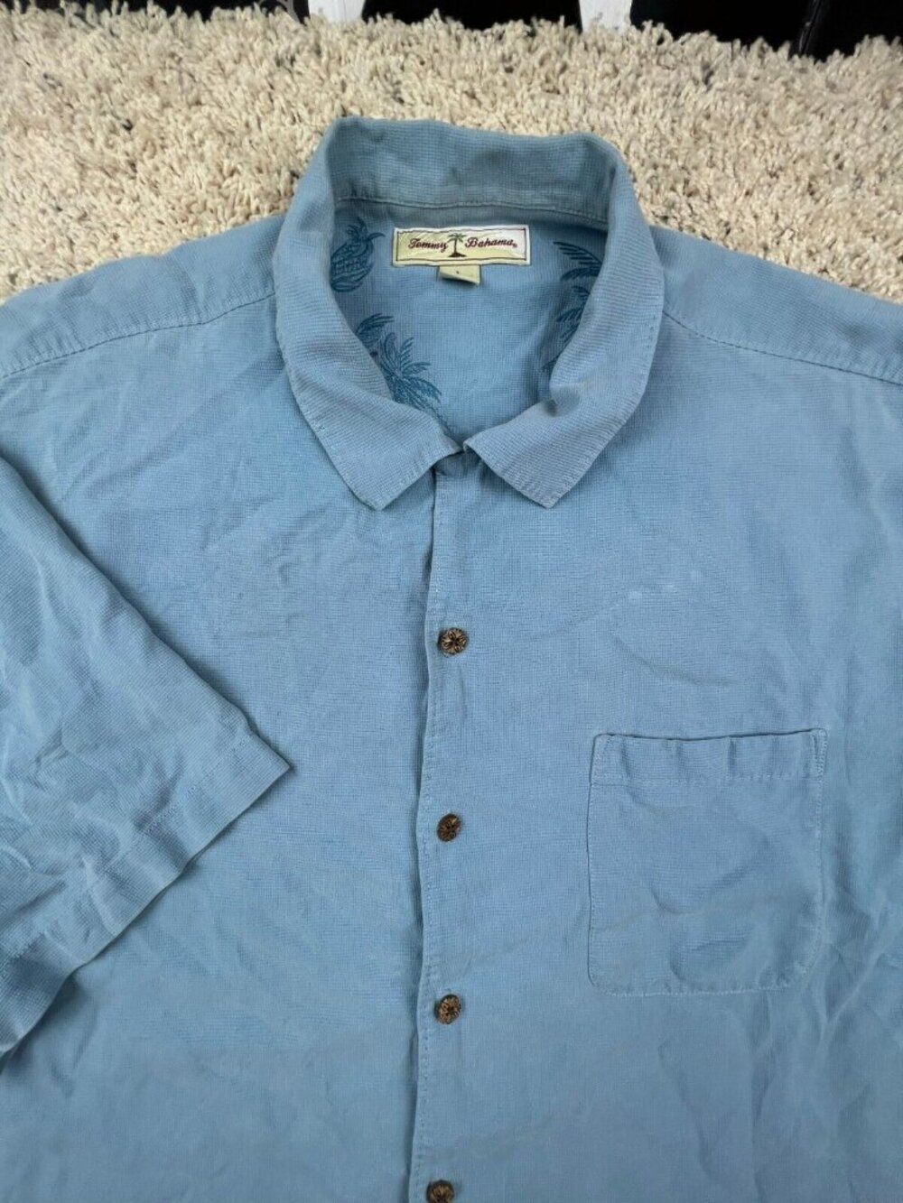 Tommy Bahama ALL SILK Hawaiian Button Up Camp Shirt Luau S/S Large Solid Blue